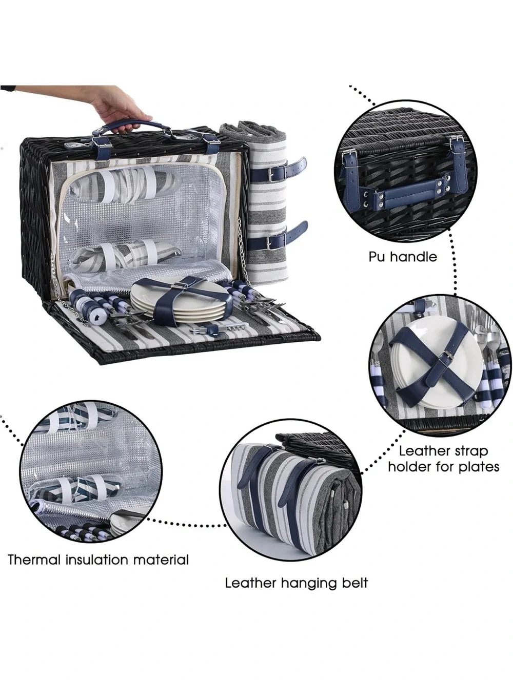 Classic Navy Picnic Basket Set with Plates and Cutlery